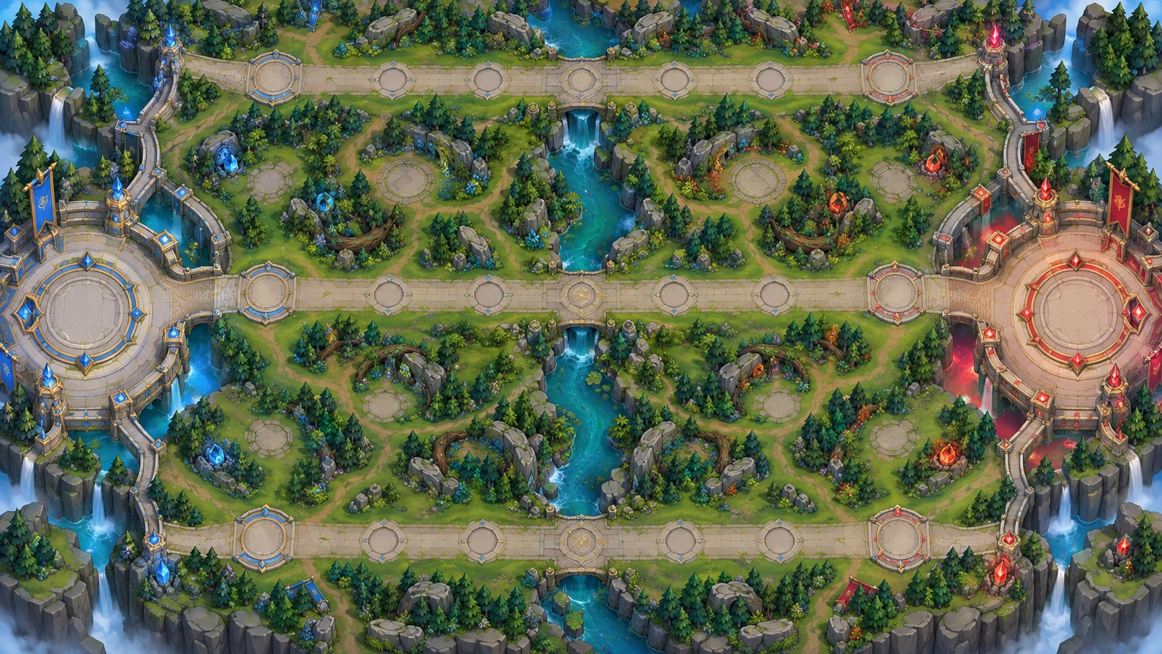 Three-lane fantasy battlefield with blue and red bases and empty tower pads